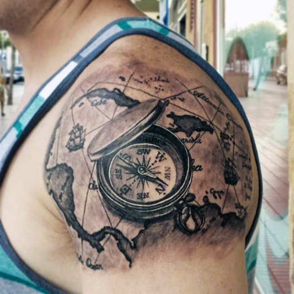 Tattoo Compass Mit Karte | 3d schwarzer kompass mit karte tattoo am oberarrm Tattoo Compass Mit Karte | 3d schwarzer kompass mit karte tattoo am oberarrm