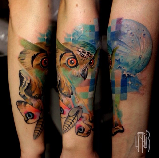 bunte im illustrativen stil eule mit schmetterling tattoo bunte im illustrativen stil eule mit schmetterling tattoo